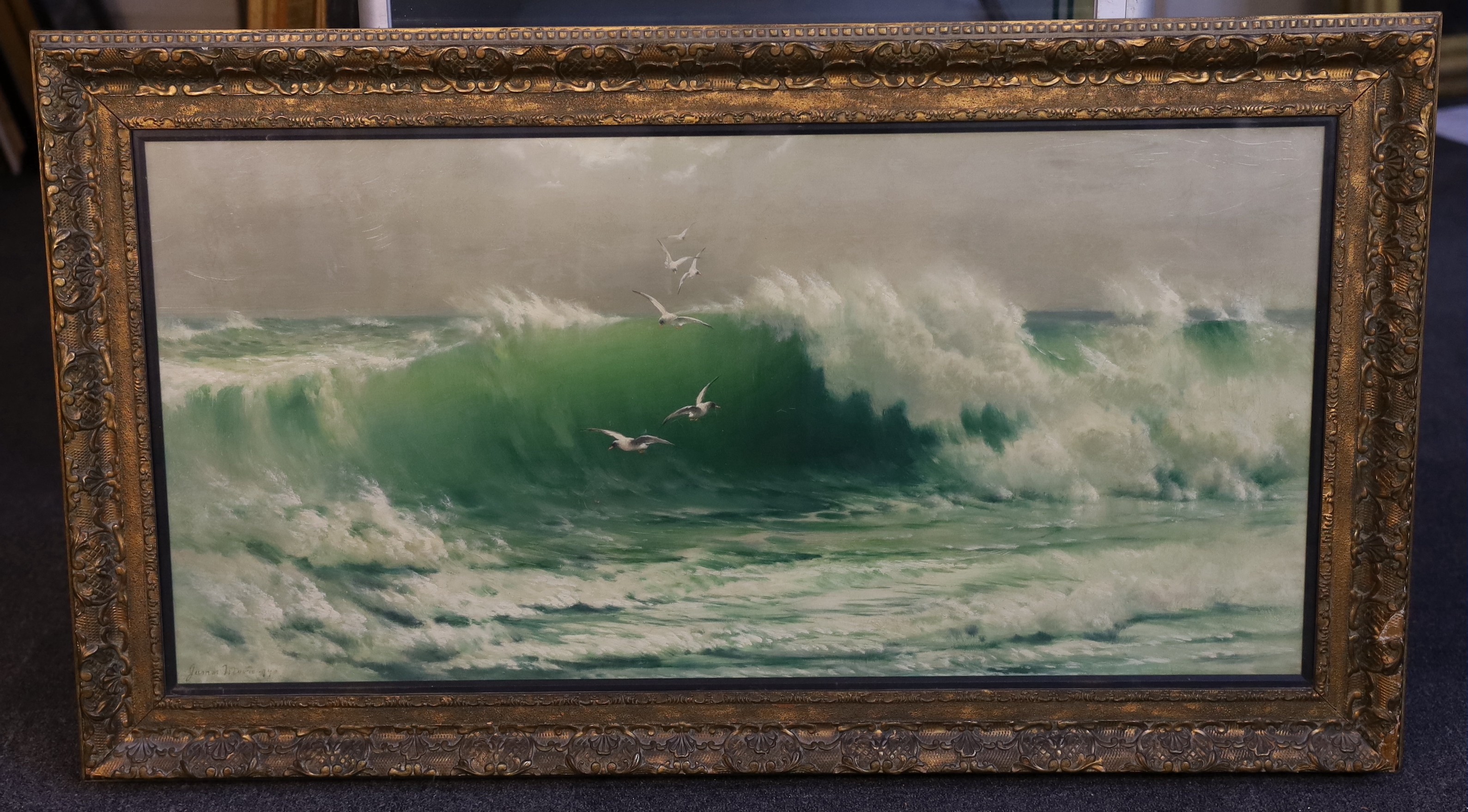 James Moore (Exh. 1880-1883), Gulls flying above breaking waves, oil on canvas, 43 x 88cm